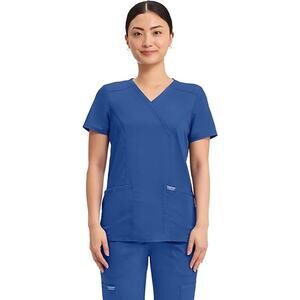 Cherokee Womens Scrub Top, Mock Wrap, 3 Pockets, Galaxy Blue, WW610, XXL